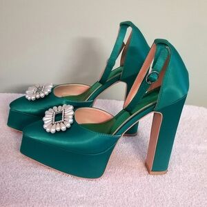 Emerald Satin Platform Mary Jane Heels with Decorative Brooch